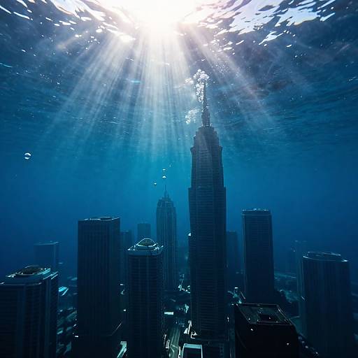 Underwater photograph of a cityscape with sunlight beams penetrating through the water, illuminating skyscrapers in deep blue hues.
