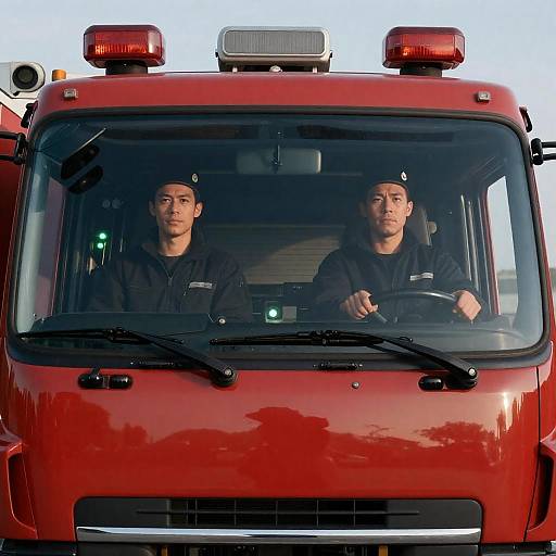 Serious Firefighters in a Red Truck
