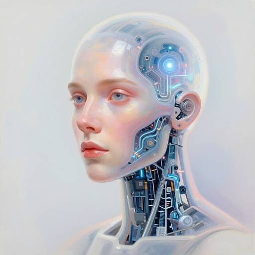 Digital CGI image of a human-like robot with a transparent, metallic head, blue glowing circuitry, and pale skin, set against a white background.