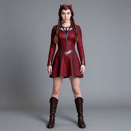 Photograph of a woman in a maroon, long-sleeve, pleated dress with black trim, black boots, and a headpiece with