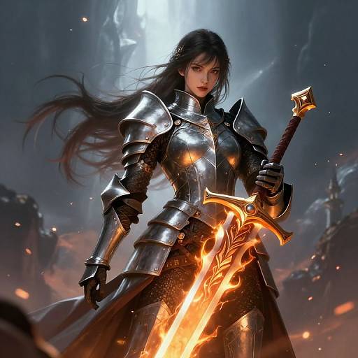 Digital art of a fierce, armored woman with long black hair, holding a flaming sword, standing in a dark, mystical battlefield.