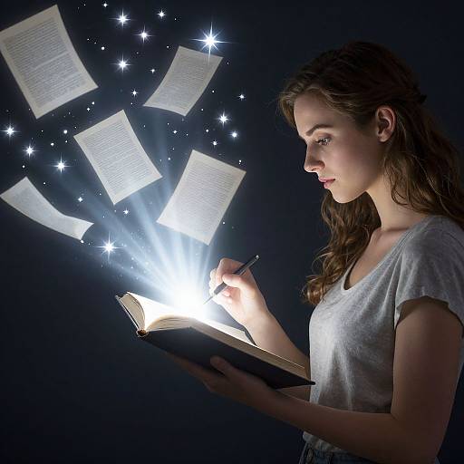 Photograph of a young woman with long brown hair, wearing a white t-shirt, reading a glowing book, with floating illuminated papers and stars in a