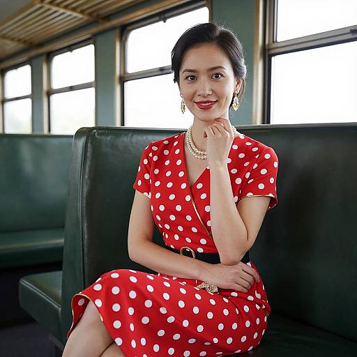 Photograph of an Asian woman with black hair in a red polka dot dress, pearl necklace, and earrings, sitting in a bus, smiling softly