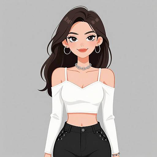 Digital anime-style drawing of a smiling young woman with long black hair, wearing a white off-shoulder crop top and black high-waisted pants