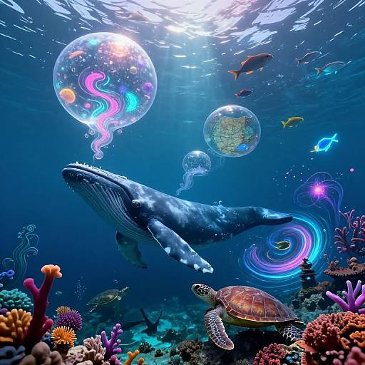 Vibrant underwater scene: massive whale swimming with iridescent bubbles, colorful fish, sea turtle, and coral reef, bathed in sunlight.