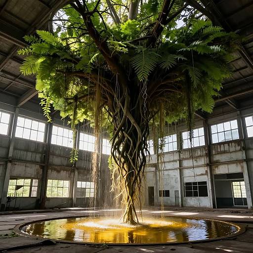 Photograph of a large, lush green tree with cascading vines, centered in a sunlit, industrial warehouse with large windows and a circular water pool