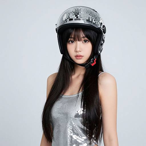 Photograph of an Asian woman with long black hair, wearing a silver sequin tank top and a shiny silver helmet, against a white background.