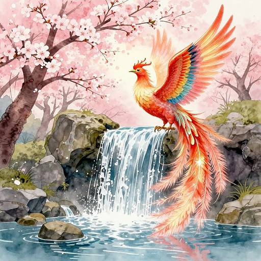 Digital painting of a vibrant red and orange phoenix with rainbow-tipped feathers, perched on rocks above a cascading waterfall, surrounded by cherry blossom trees