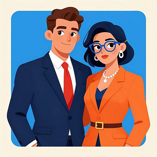 Cartoon-style illustration of a smiling man in a navy suit and red tie, and a woman with black hair, glasses, orange blazer, pearl