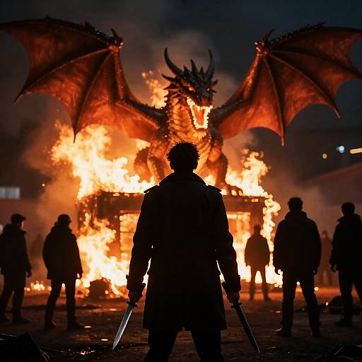 Man Facing Fire-Breathing Dragon and Burning Building