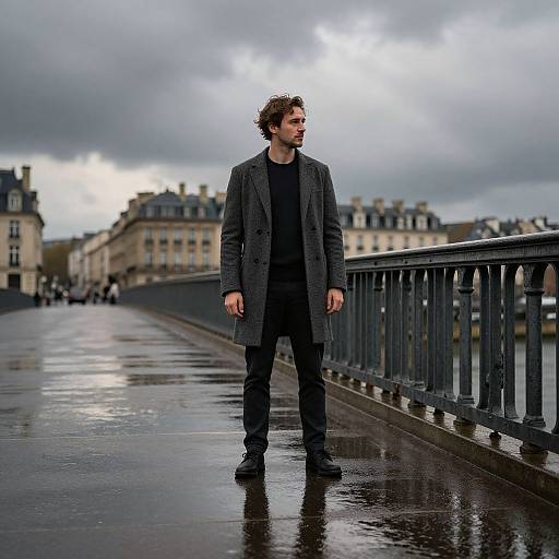 Burgundy-Clad Man on Rainy Bridge