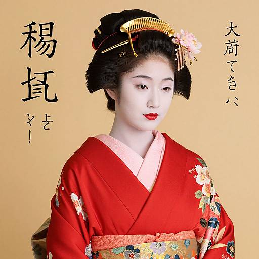 Digital art of a Japanese woman in a red floral kimono, black hair up with gold hairpins, pale skin, red lips, yellow background,