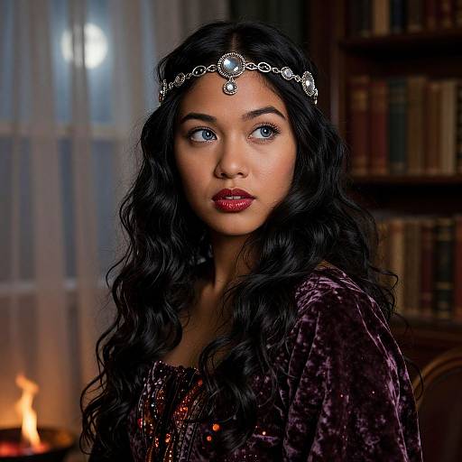 Photograph of a beautiful woman with long, wavy black hair, wearing a sparkling purple velvet dress and a jeweled headband, standing in a