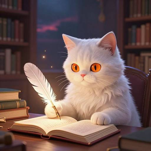 Photorealistic digital artwork of a white fluffy cat with bright orange eyes, writing with a glowing white feather quill on an open book in a dim