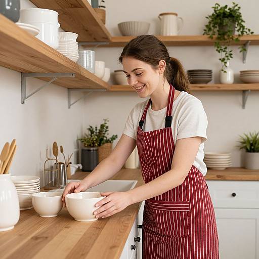 Woman Arranging Pottery in Cozy Kitchen