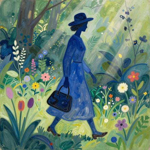 Surreal Blue Figure Walking in Vibrant Garden