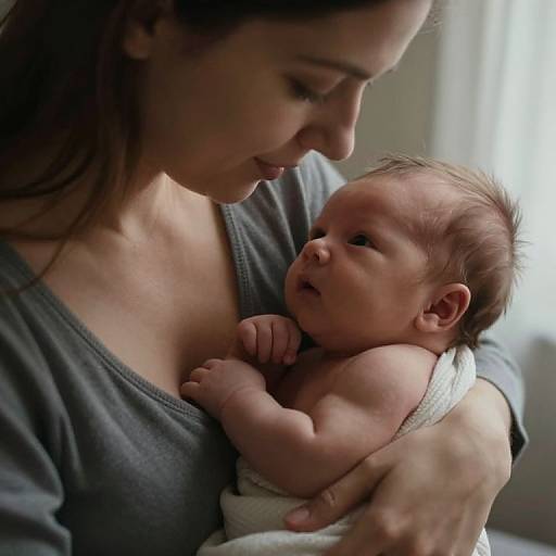 Photograph of a brunette woman with fair skin gently cradling a newborn baby in a white blanket, both looking down lovingly.