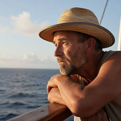 Photograph of a middle-aged man with a beard, wearing a straw hat, gazing at the ocean, arms resting on a wooden railing.