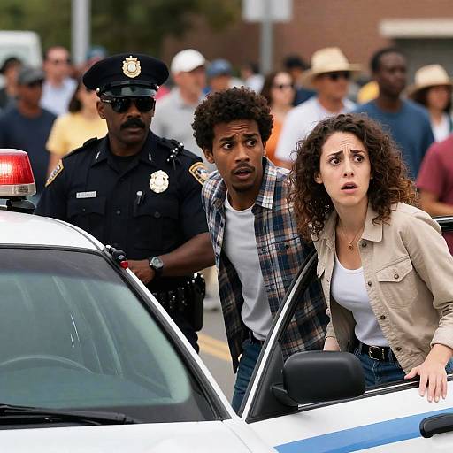 Surprised Couple and Police Officer Near Patrol Car