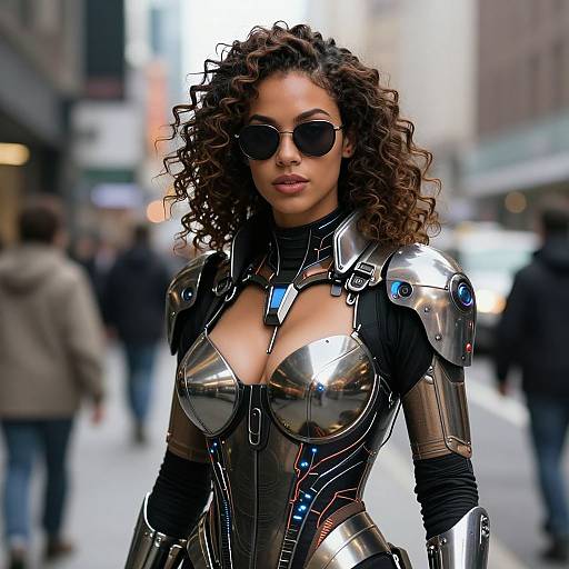 Photograph of a curly-haired woman in a reflective, metallic superhero suit with black gloves and sunglasses, standing in a blurred urban street.