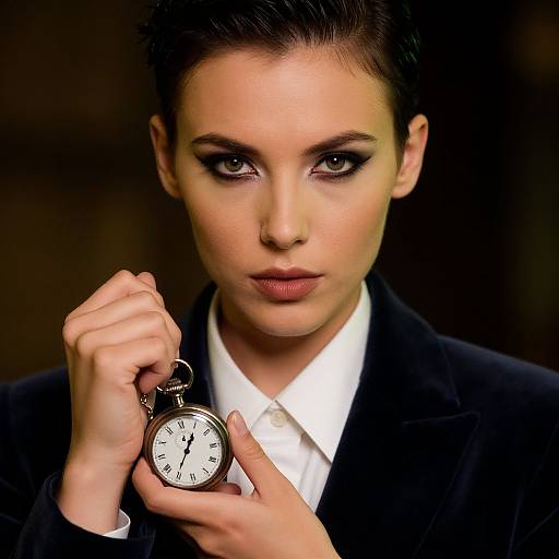 Photograph of a serious, dark-haired woman with dramatic eye makeup, wearing a black suit, holding a vintage pocket watch close to her face.