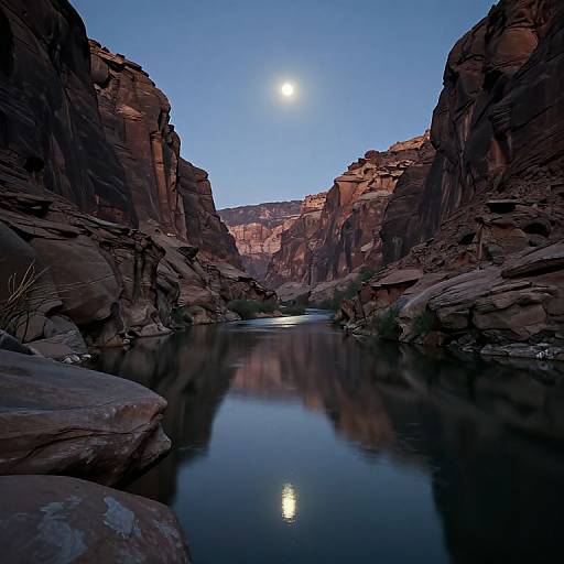 Photograph of a narrow canyon at twilight with a full moon reflecting in a calm river, surrounded by towering, reddish-brown rock formations under a
