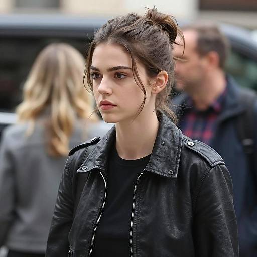 Serious Young Woman in Black Leather Jacket