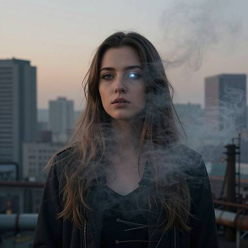 Photograph of a young woman with long brown hair, glowing blue eye, wearing a black jacket, standing in smoky urban rooftop setting at twilight.