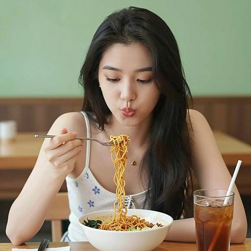 Asian woman eating fried noodles at cafe