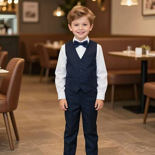 Photograph of a smiling young boy in a white shirt, black vest, and bow tie, standing in a warmly lit, upscale restaurant with brown leather