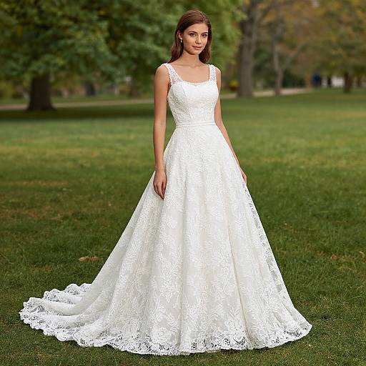 Photograph of a young woman with long brown hair, wearing a white lace, sleeveless wedding gown, standing on a green grass lawn with trees in