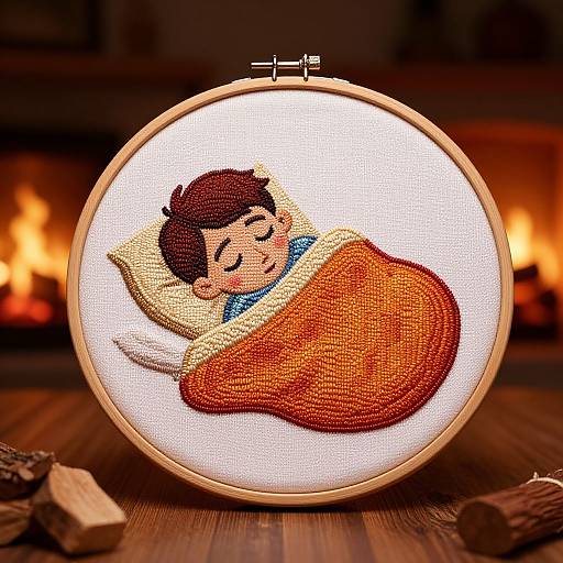 Cozy Bedroom Cartoon Embroidery Scene