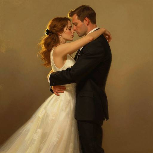 Photograph of a bride in a white lace dress and groom in a black suit, intimately dancing, eyes closed, against a beige background.