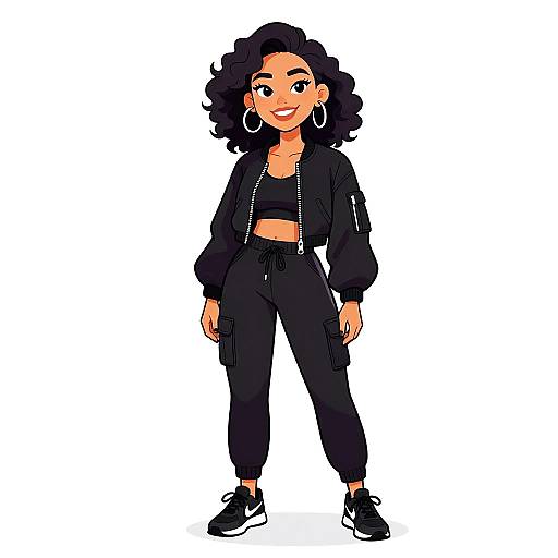 Digital illustration of a smiling, dark-skinned woman with curly black hair, wearing a black crop top, jacket, pants, and sneakers. She has