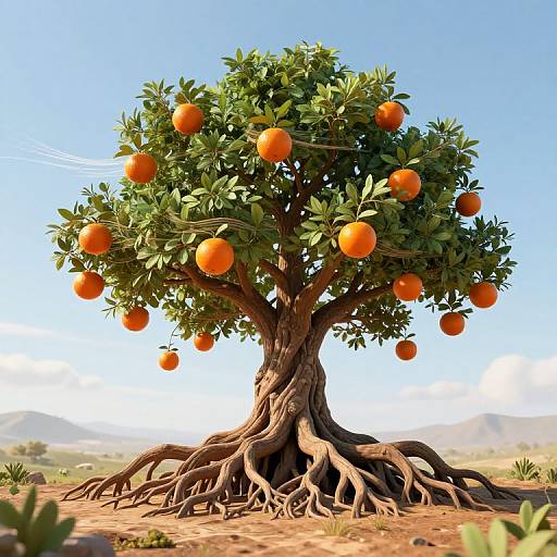 Photorealistic digital artwork of a vibrant orange tree with bright orange fruits, intricate twisted roots, and lush green leaves, set against a clear blue sky