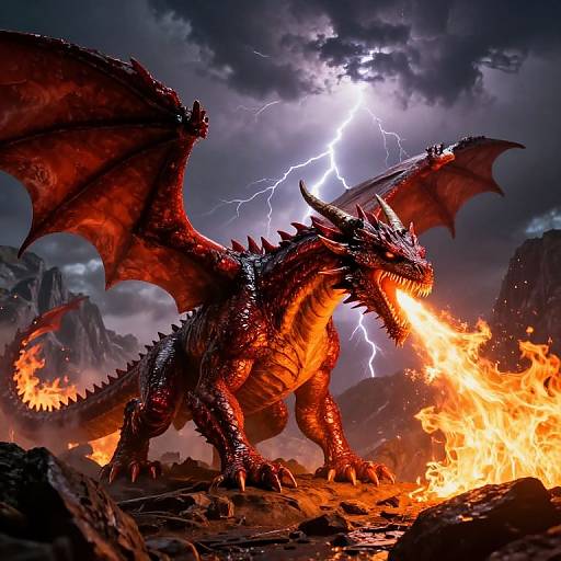 Digital artwork of a fierce red dragon with large wings and sharp spikes, roaring amidst a fiery landscape, with lightning striking in the stormy sky.