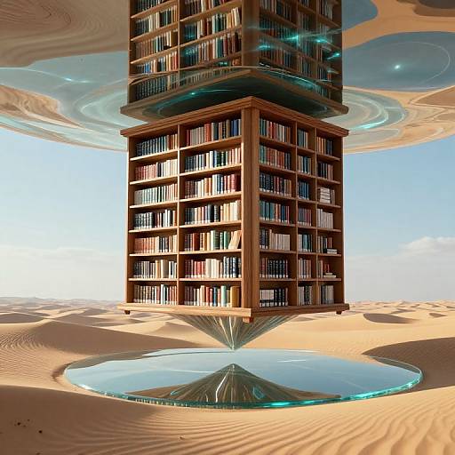 Photorealistic CGI of a towering wooden bookshelf structure with glowing blue rings, rising from a circular, reflective pool in a surreal desert landscape.