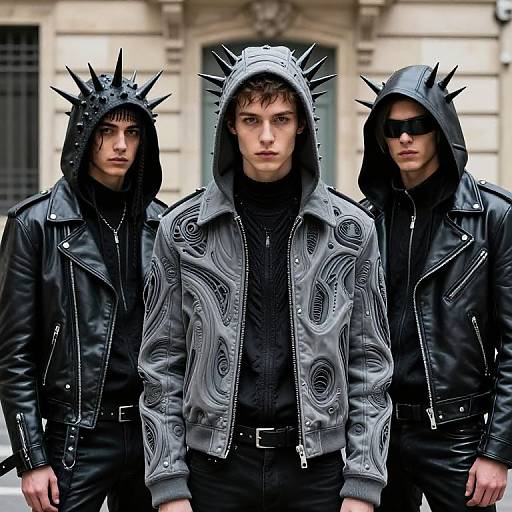 Photograph of three young men in black leather jackets with spiked hoods, standing in front of a stone building. Central man wears gray, patterned