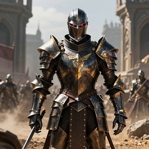 Photorealistic CGI of a black armored knight with glowing red eyes standing in a dusty, ruined medieval battlefield. Background shows blurred, damaged stone structures.
