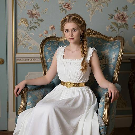 Young woman with braided blonde hair, wearing a white, sleeveless dress with gold belt, seated in ornate blue armchair, floral wallpaper background