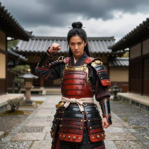 Photograph of an intense Japanese samurai woman with black hair in a topknot, wearing detailed red and black armor, standing in a traditional Japanese