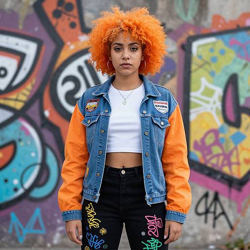 Photograph of a young woman with bright orange curly hair, wearing an orange-and-blue denim jacket, white crop top, and black pants with colorful graffiti