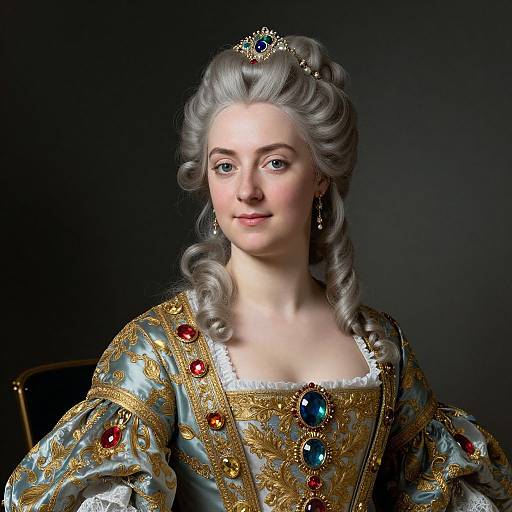 Digital portrait of a regal woman with powdered silver hair, wearing an ornate gold and blue gown with red and blue gemstones, and a jew