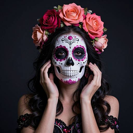Photograph of a woman with dark curly hair, white sugar skull face paint, pink floral crown, black lace dress, hands framing face, black background