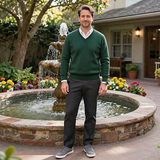 Photograph of a smiling man with short brown hair, green sweater, black pants, and gray sneakers, standing in front of a circular brick fountain garden