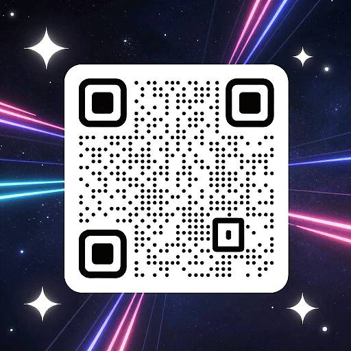 Digital art of a white QR code with black dots, set against a starry night background with neon pink and blue lines.