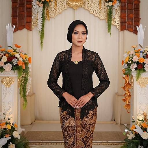 Photograph of a Southeast Asian woman with black hair in a bun, wearing a black lace long-sleeve top and ornate brown-and-black pattern