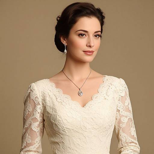 Photograph of a fair-skinned woman with dark hair in an updo, wearing a white lace wedding dress, silver necklace, and earrings, against