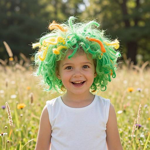 Photograph of a smiling young child with curly green wig adorned with yellow and orange ribbons, wearing a white sleeveless shirt, standing in a sun
