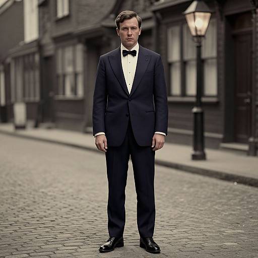 Photograph of a serious-looking man in a black tuxedo with white shirt and black bow tie, standing on a cobblestone street at night